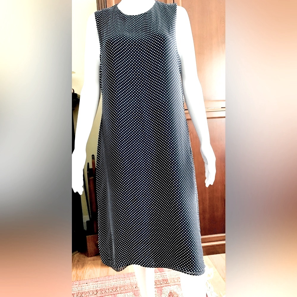 Beymen navy blue & white polka dot sheer dress at knee A-line sleeveless US 12